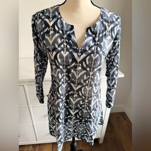 Women's Blue Patterned Long-Sleeve Tunic Top